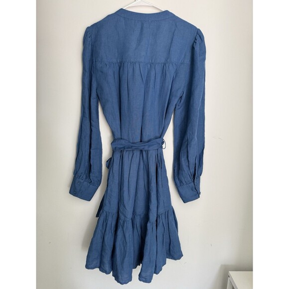 Sundance Elderflower Linen Blend Tiered Dress Size M Blue Long Sleeve Tie Belt - Picture 5 of 16